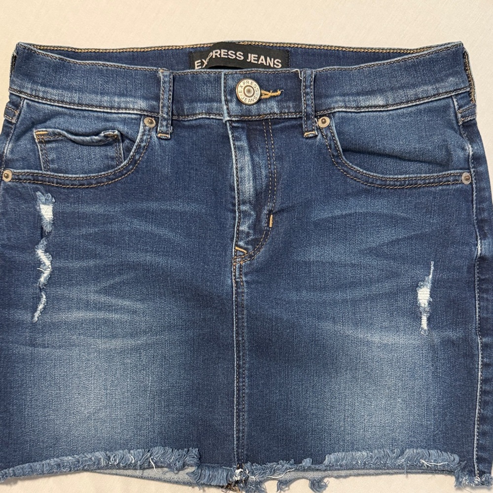 Express Women’s Dark Blue Distressed Denim Mini Skirt
